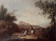 Giuseppe Zais An italianate landscape with fishermen and travellers resting beside a pool oil painting